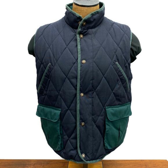 Vintage Gulliver's Navy Blue Diamond Quilted Vest Men's L Red Plaid Lining Snaps - Picture 1 of 12